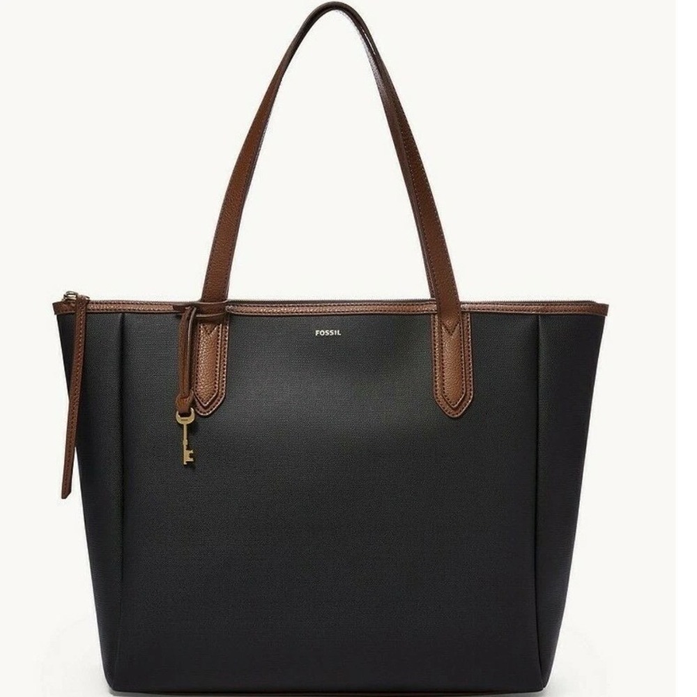 Fossil Vintage Y2K Sydney XL Black Shoulder Handbag Brass Key Charm Tote $230